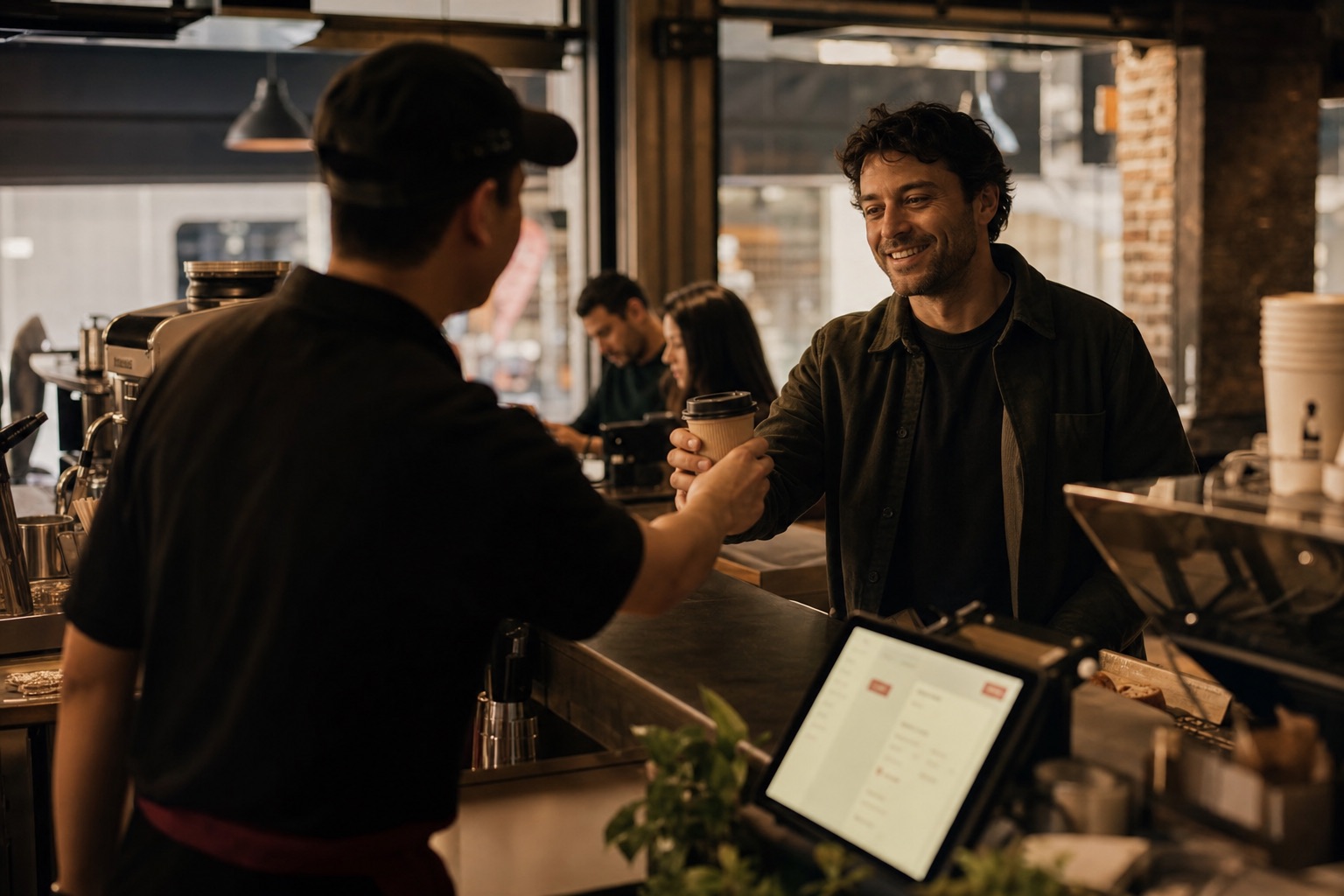 A barista hands a coffee to a regular across the counter.