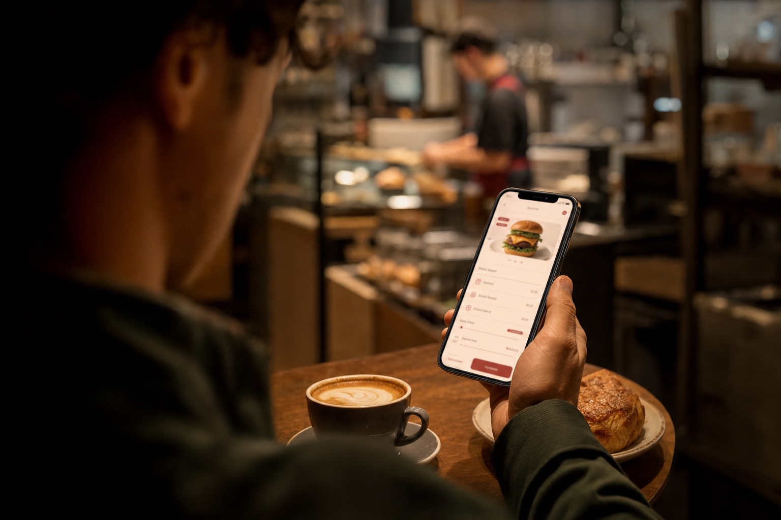 A customer places an order on their phone at a cafe table.