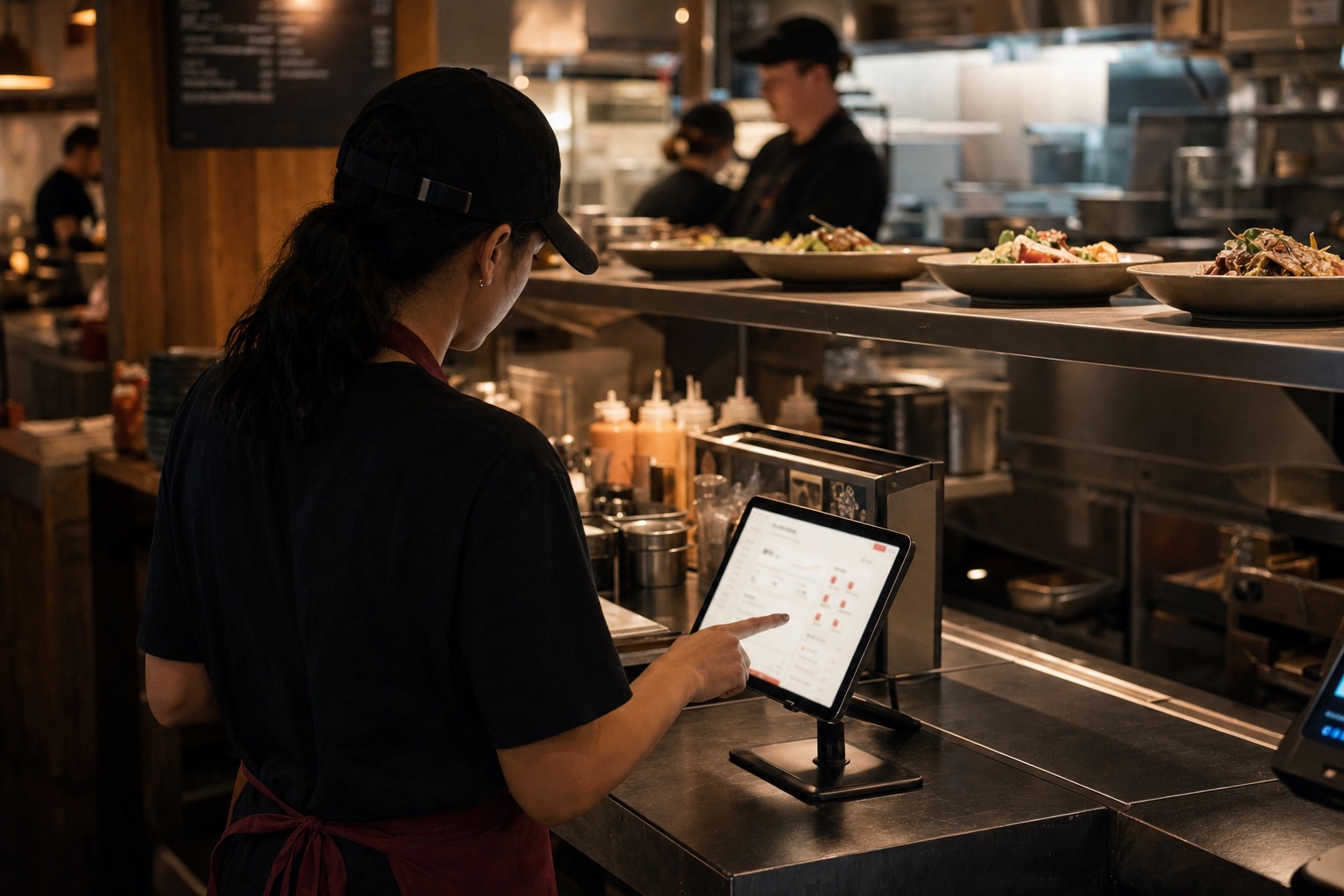 A staff member taps a tablet point of sale at a fast-casual counter.