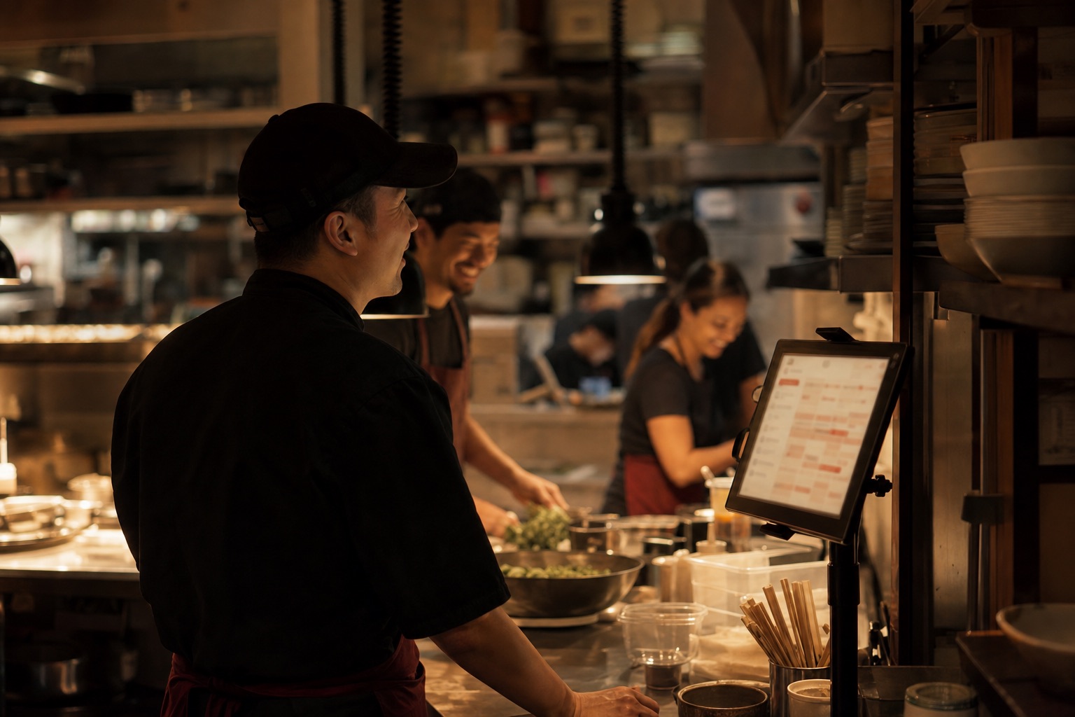 A kitchen crew during prep, the chef checking a schedule on a tablet.